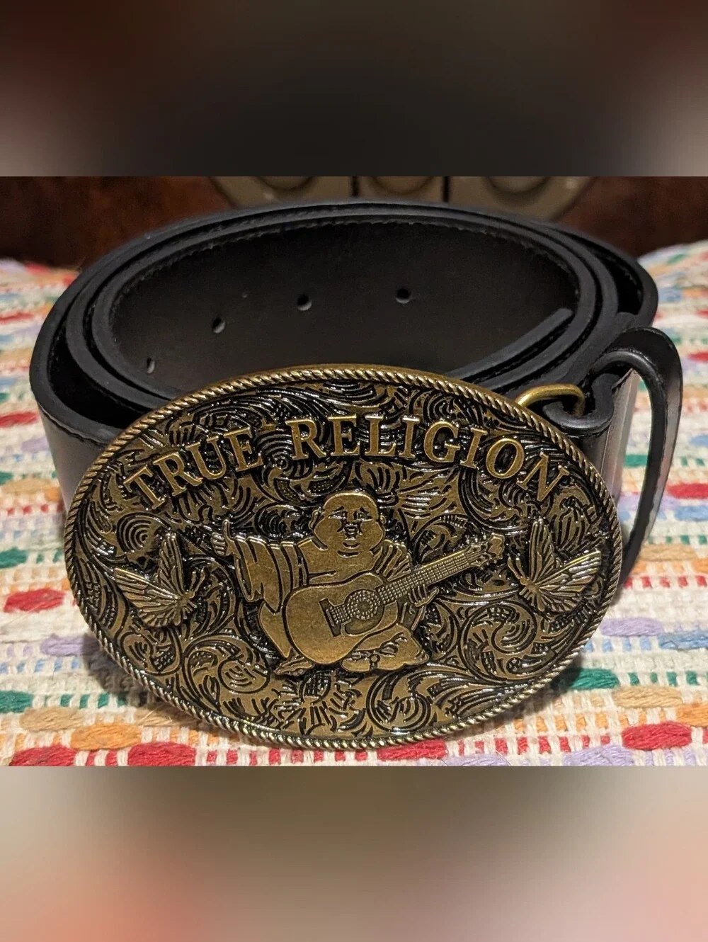 NWOT True Religion Buddha Guitar Brass Oval Buckle Black Belt 33